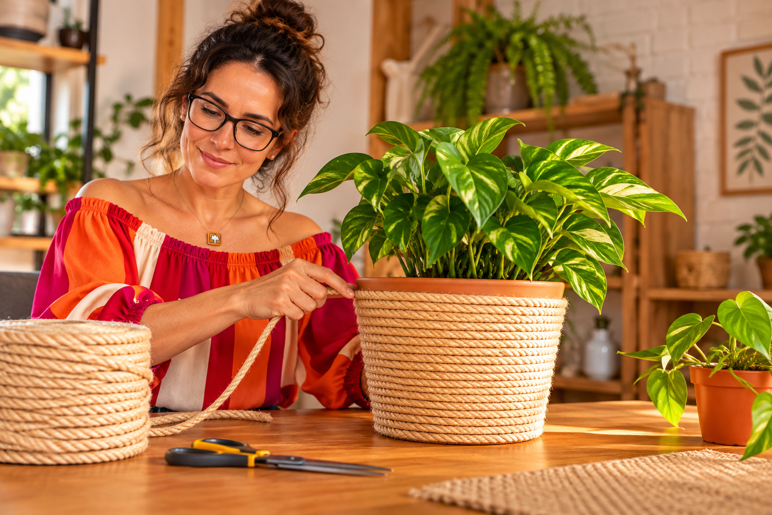 Kari decorando vaso com corda de sisal